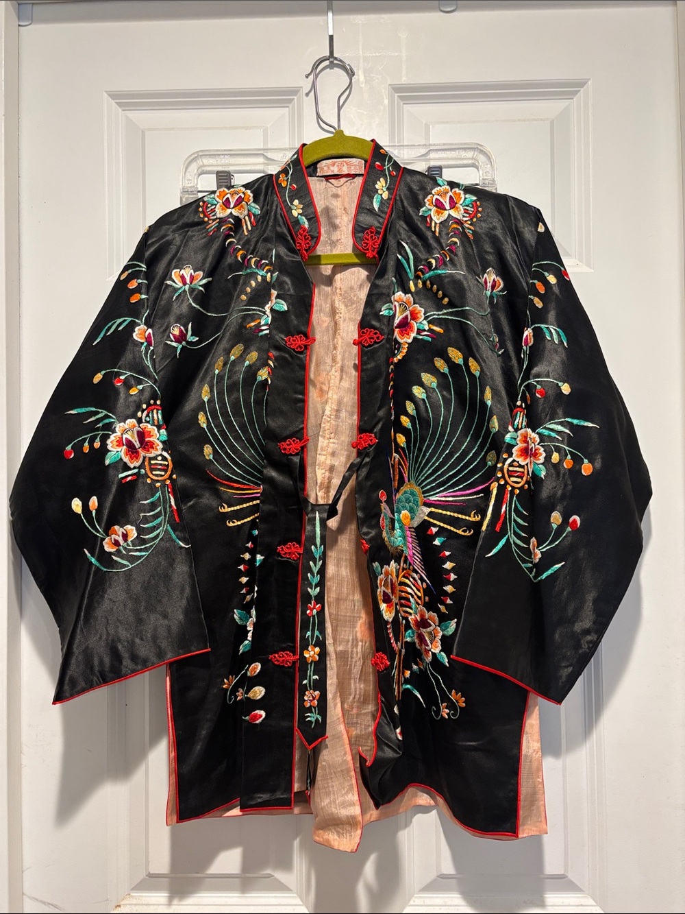 Authentic Vintage Black Embroidered satin silk Kimono Jacket from 1940-50s